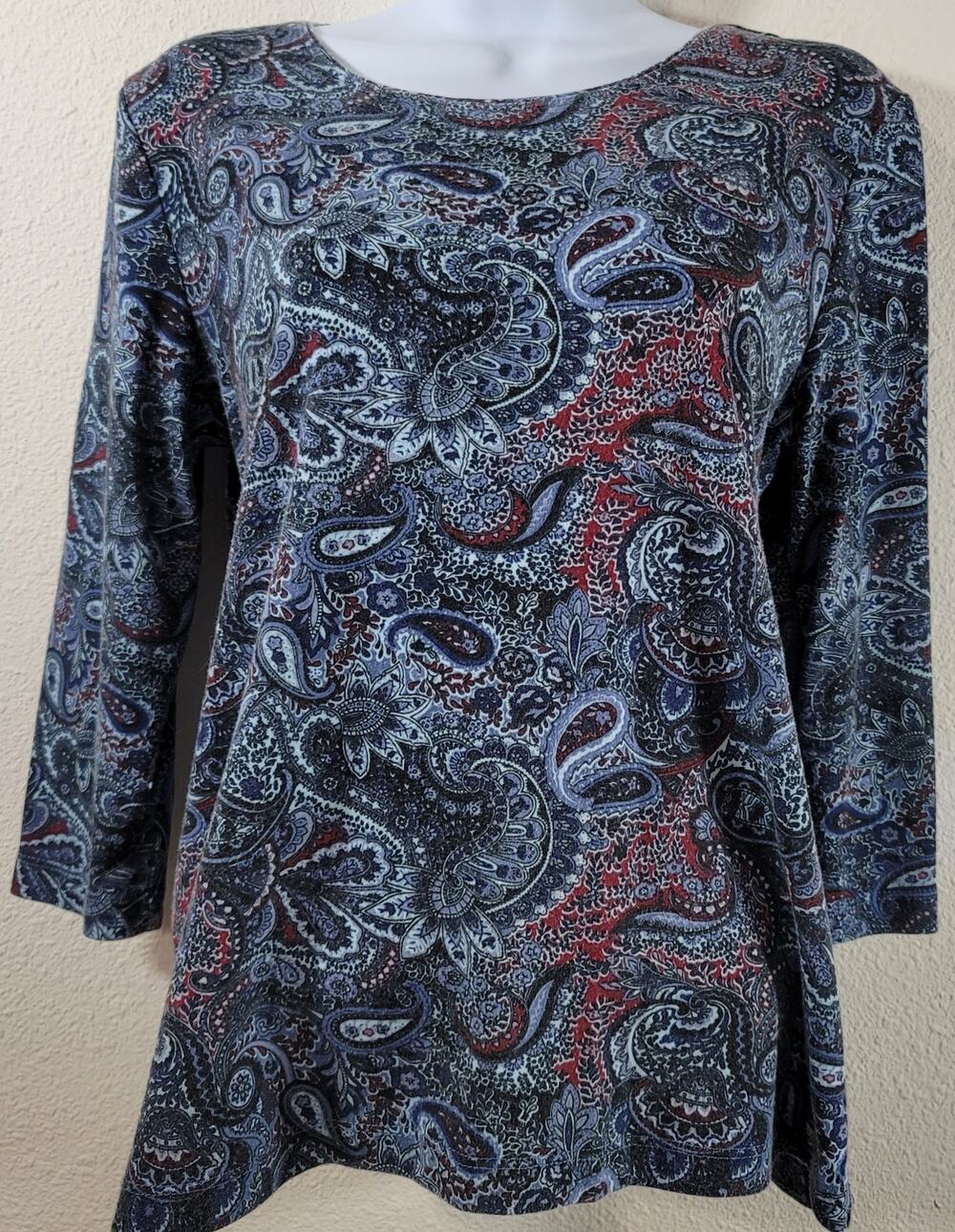 Rebecca Malone Blue Burgundy Paisley Print Pull On Top Small Lightweight Soft